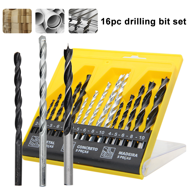 Power Tools For Construction - ดอกสว่านงานก่อสร้าง ดอกสว่านงานไม้แบบสามจุด 16 ชิ้น ชุดดอกสว่านผสม ด้ามตรง