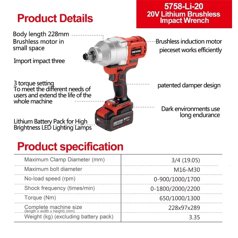 เดวอน ประแจกระแทกไร้สาย 20V แร - Power Tools Cordless บทวิจารณ์และราคา